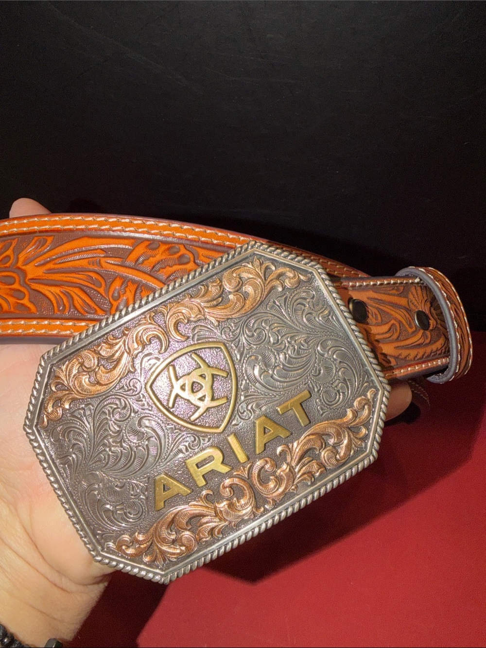 NWOT Ariat Brown Tooled Genuine Leather Belt with Silver & Gold Western Buckle - Picture 10 of 12